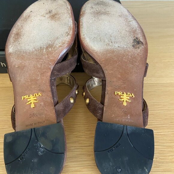 Brown Suede Prada Studded Sandals 36.5 - Picture 7 of 8